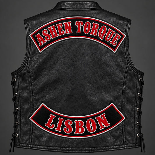 Complete leather motorcycle vest displaying dense full-embroidery top and bottom rocker patches.