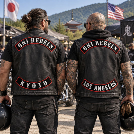 Two motorcycle club members wearing coordinated rockers with different international chapter locations.