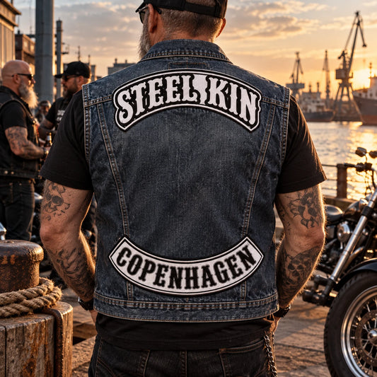 Motorcycle club member wearing a new chapter bottom rocker on a complete denim vest.