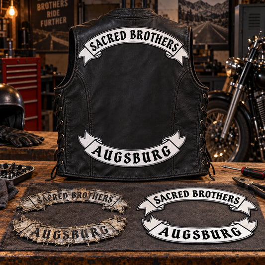 Motorcycle club member wearing crisp replacement rockers beside the removed worn patches.