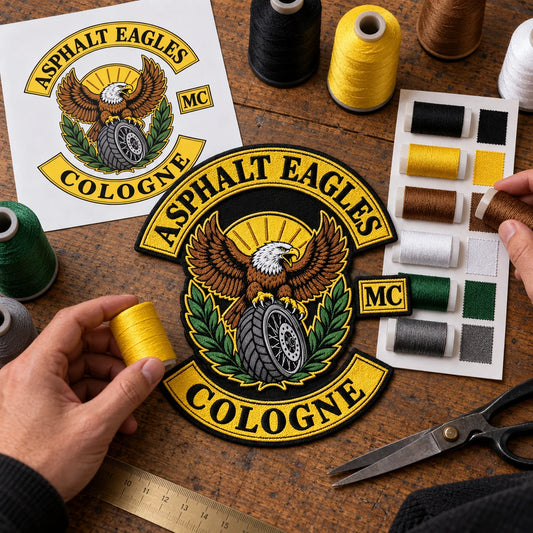 Embroidery thread colors matched to the approved Asphalt Eagles Cologne motorcycle club logo.