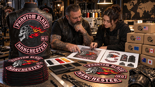 Motorcycle club representative and patch designer reviewing matched rocker patches, thread colors, an approved sample and repeat chapter orders in an embroidery workshop.