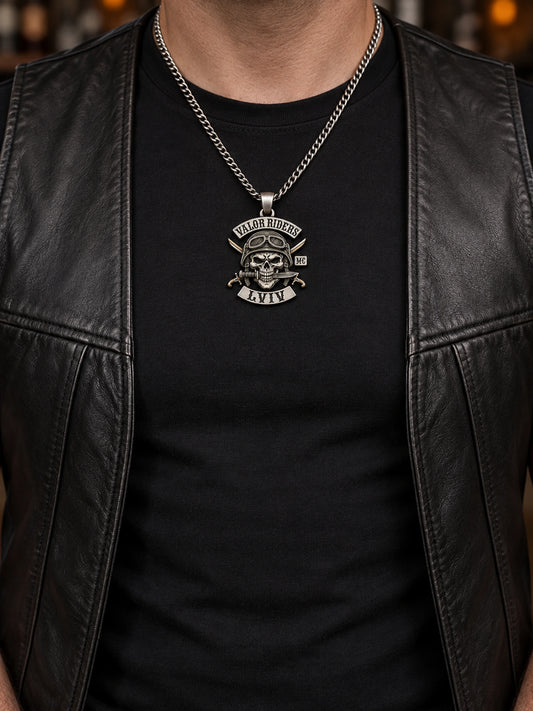 Valor Riders Lviv compact motorcycle club pendant worn at a realistic 28 mm scale on a rider's chest.