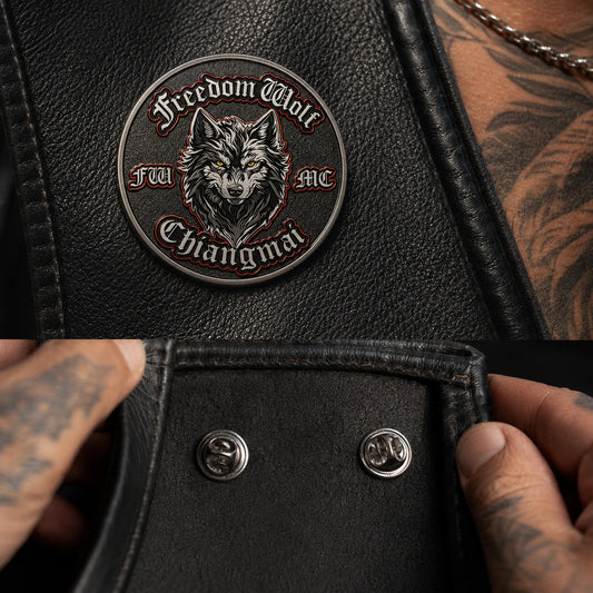 Double-post backing securing a motorcycle club pin to a leather vest.