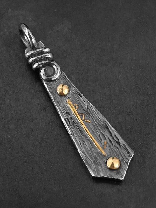 Viking rune gold accent sterling silver biker pendant detail