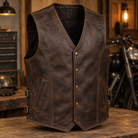 Vintage-brown motorcycle club leather vest showing warm grain and heritage character.