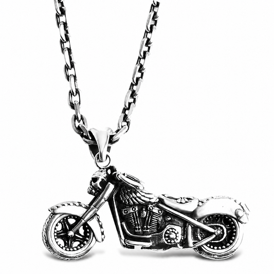 Vintage chopper motorcycle sterling silver biker pendant front view