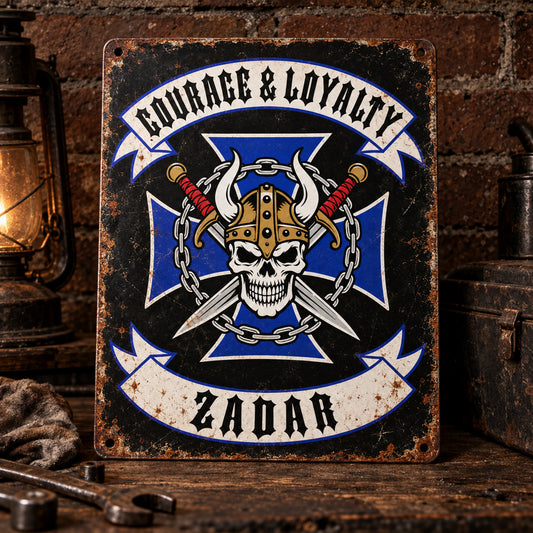 Vintage printed motorcycle club tin sign with flat artwork and distressed garage-style edges.