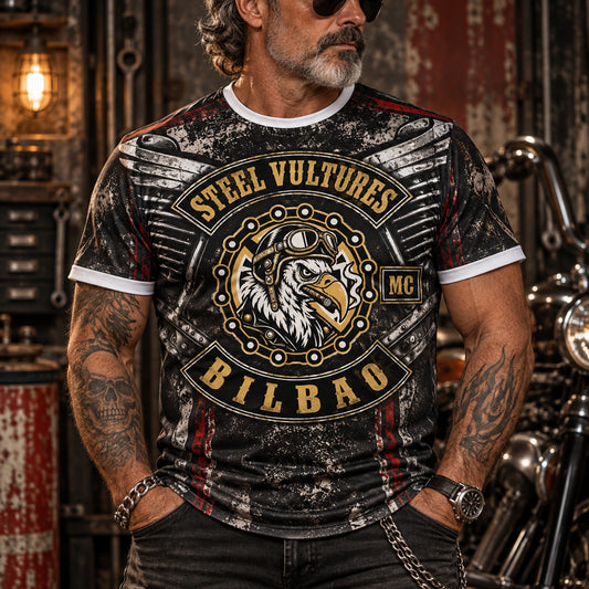 Vintage V-twin inspired sublimated motorcycle club performance T-shirt.
