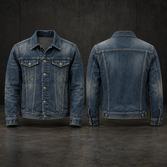 Vintage-washed motorcycle club denim jacket with a heritage finish.