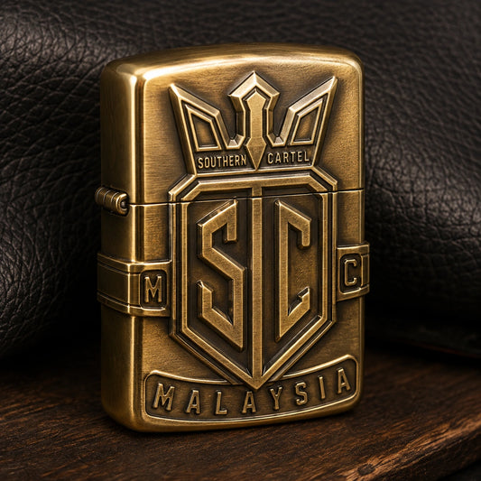 Warm brass motorcycle club lighter with authorized sculpted emblem