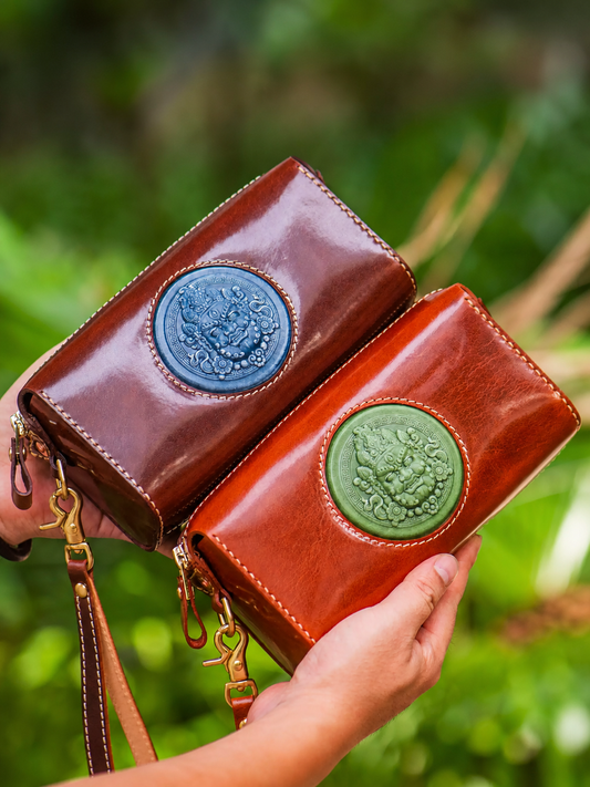 reddish brown and dark brown wealth guardian leather biker clutch wallets