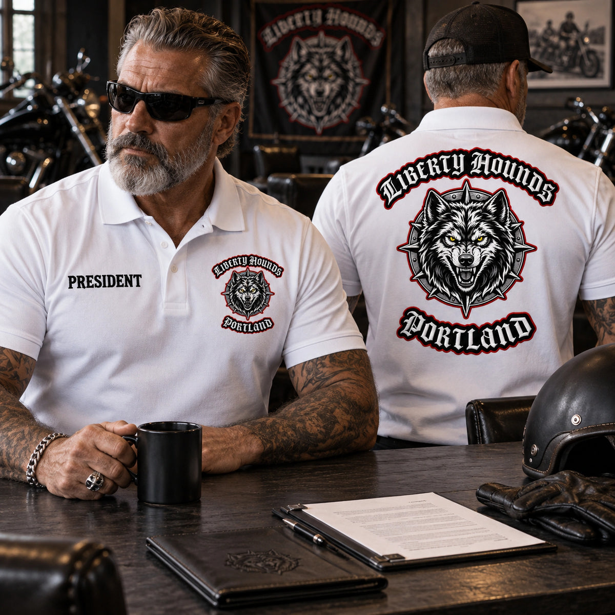 White Liberty Hounds Portland motorcycle club polo samples show an officer title, chest emblem and large back logo on a dark meeting table.