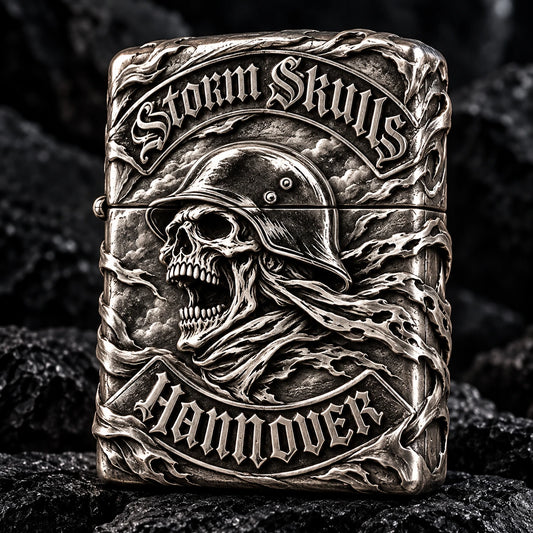 Storm Skulls motorcycle club lighter sculpted as a wind-torn helmeted skull in white copper.