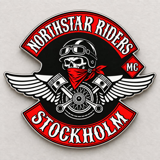 One-piece Northstar Riders Stockholm chapter pin with a single continuous logo-following perimeter.