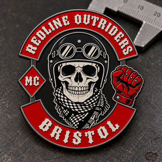 Two-level 2D motorcycle club pin showing crisp lettering, borders and enamel areas.
