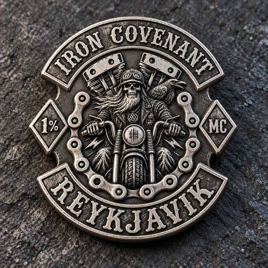 Sculpted 3D motorcycle club pin showing dimensional faces, engine and animal details.