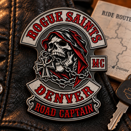 Connected 2D motorcycle club pin with a readable Road Captain officer title.