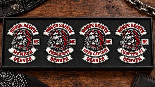 One badge system for the whole club featuring a custom metal motorcycle club badge made with an approved club logo.