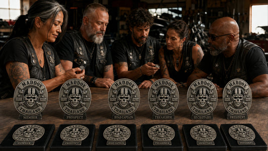 One badge system for the whole club featuring a custom metal motorcycle club badge made with an approved club logo.