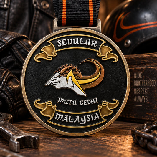 Solid wing-inspired medal with raised vintage mechanical detailing and no open spaces. Custom motorcycle club medal.