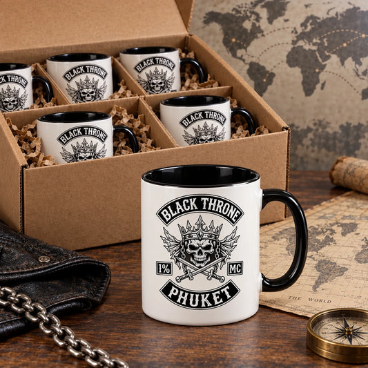 Complete logoed mugs safely packed in divided shipping cartons with one product displayed in front, subtle world-map backdrop and no courier branding.