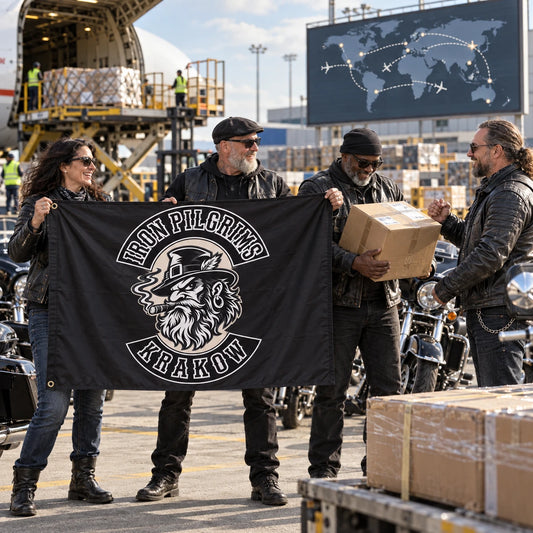 International motorcycle club members receive a custom rectangular flag shipment beside American V-twin motorcycles.