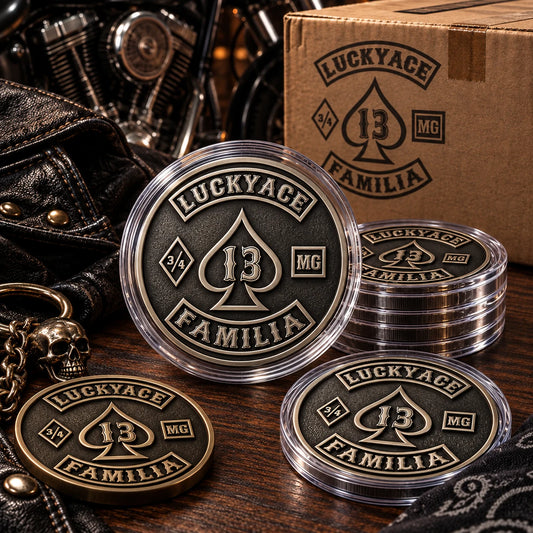 Custom motorcycle club challenge coins packed for worldwide shipping.