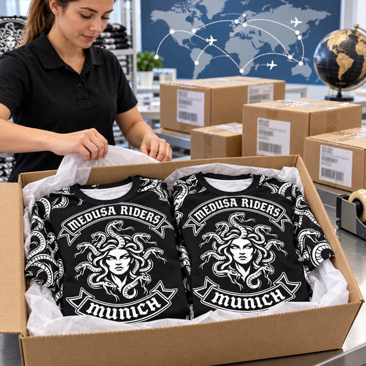Medusa Riders Munich full-coverage motorcycle club shirts packed for worldwide delivery.
