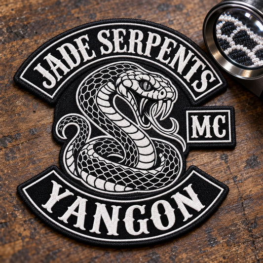 Custom motorcycle club event patch featuring the jade serpents yangon logo for fine woven construction.