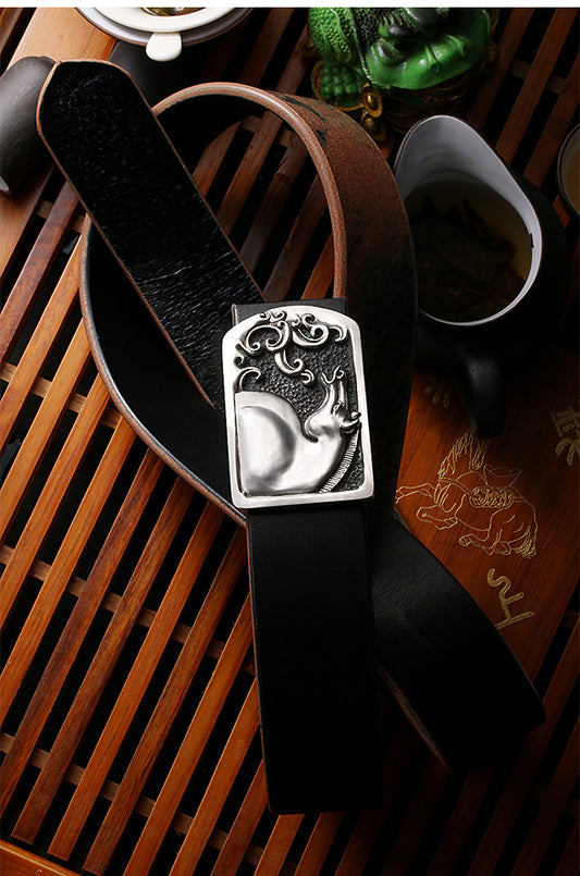 Zodiac Horse Silver Leather Biker Belt — detail view 1