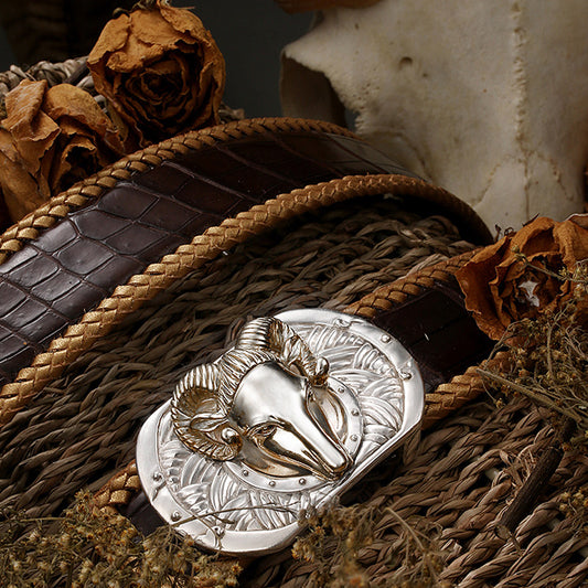 Zodiac Ram Silver Crocodile Leather Biker Belt — product view