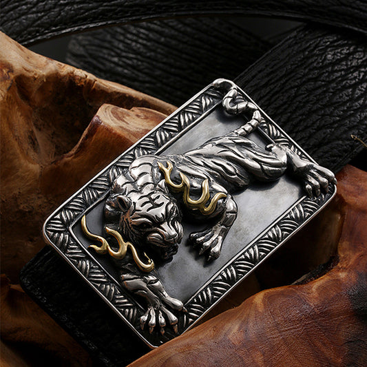 Zodiac Tiger Silver Shark Leather Biker Belt — detail view 1