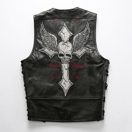 Mens Leather Motorcycle Vest With Laced Up - bikerclubshop