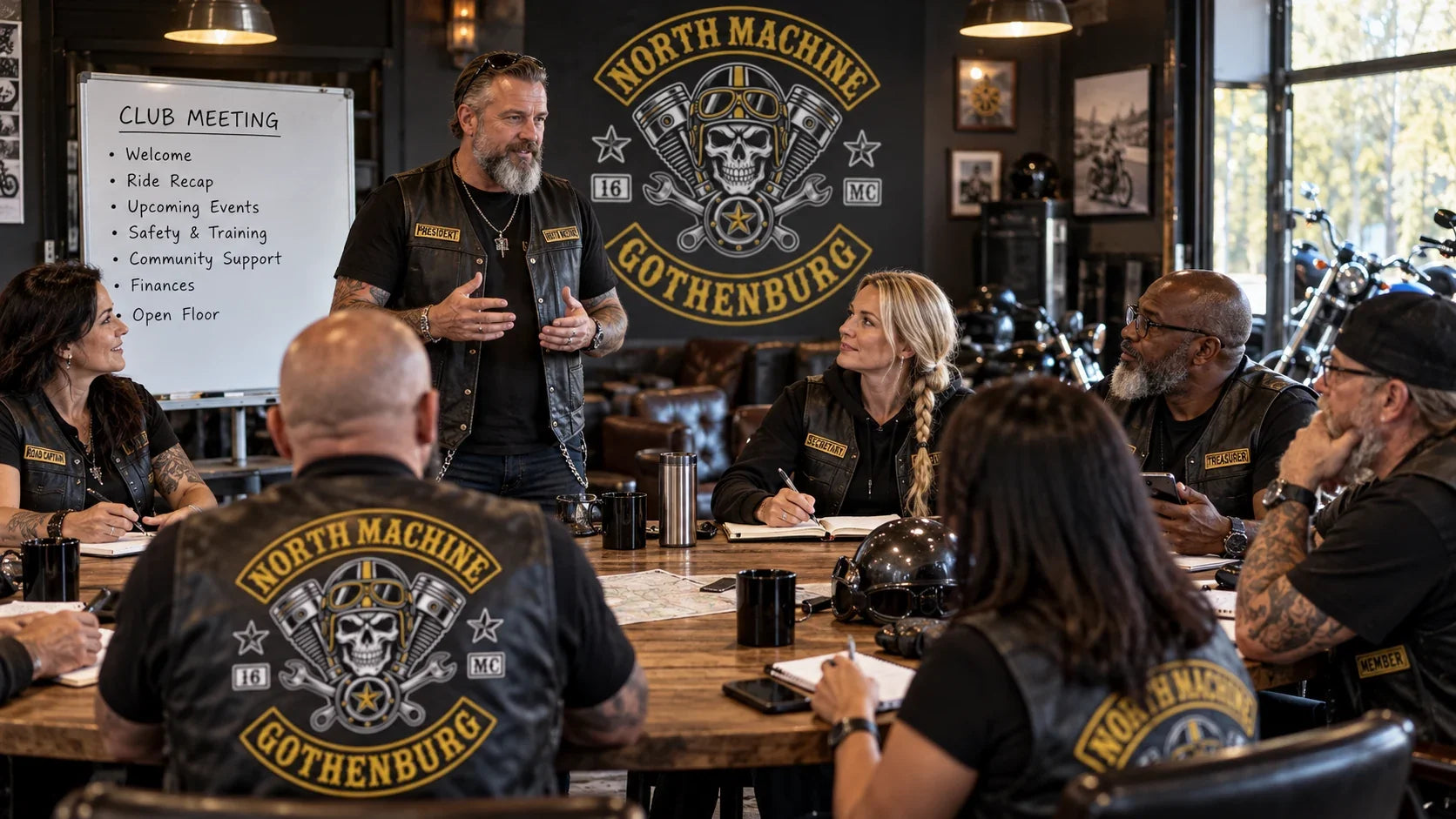 North Machine editorial scene illustrating motorcycle club communication protocols, decision records, member privacy and emergency updates: featured.