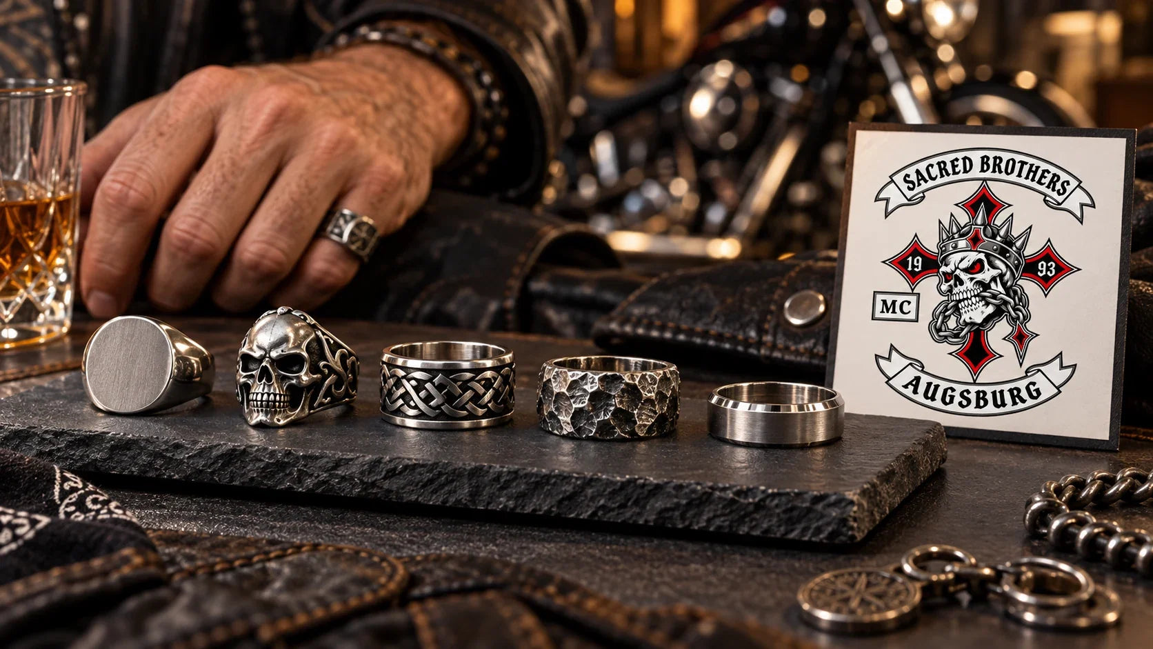 Sacred Brothers editorial scene illustrating five biker ring style families with fit, weight, profile, material, glove clearance and everyday comfort checks: featured.
