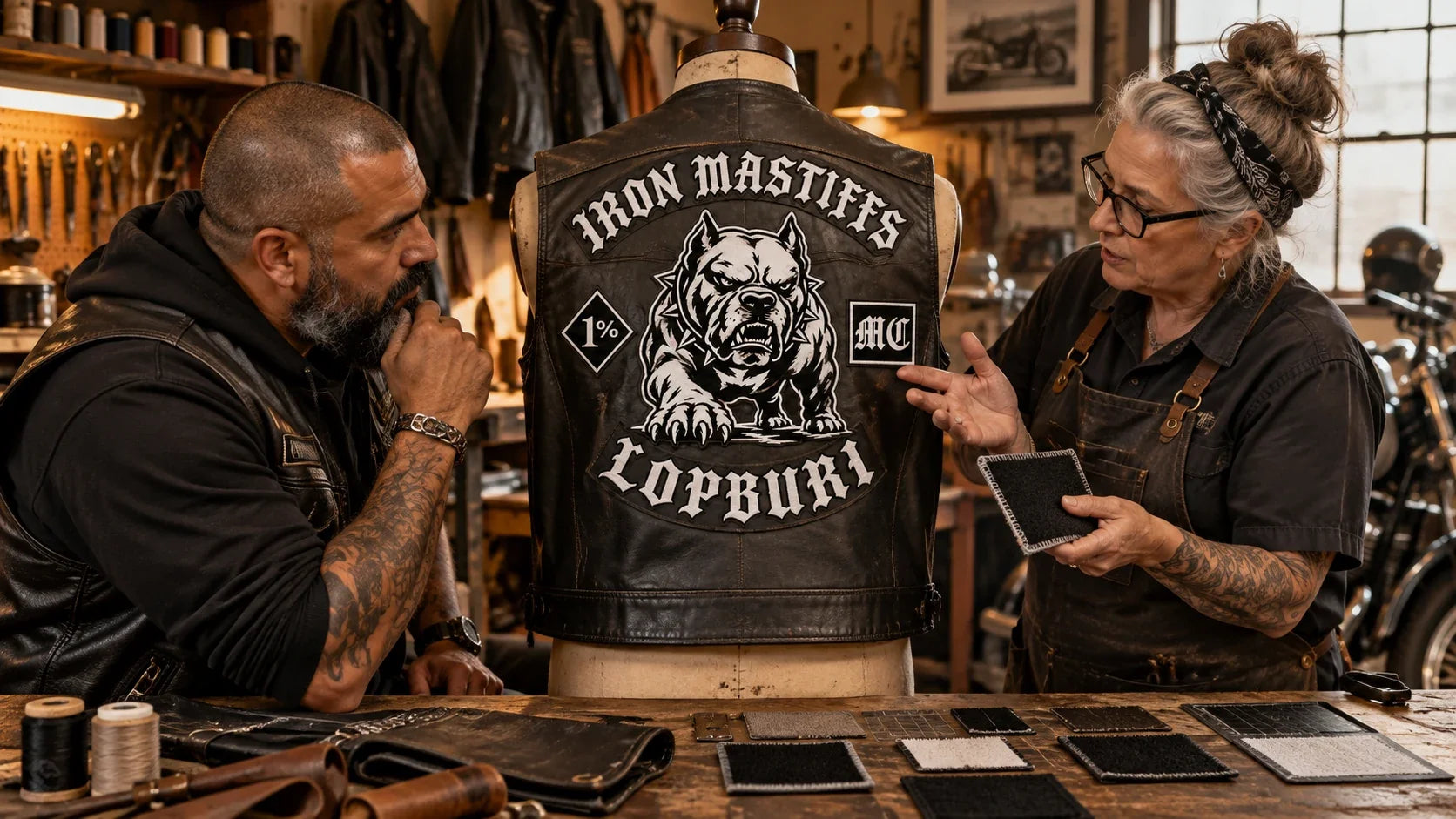 Iron Mastiffs editorial scene illustrating biker patch types, construction, placement, respectful interpretation and permission: featured.