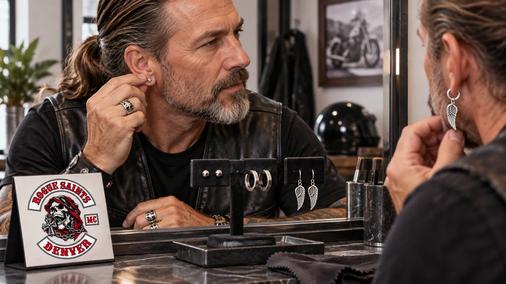 Rogue Saints editorial scene illustrating daily-wear biker earrings, comfort, post and hoop fit, material sensitivity, helmet interference, cleaning and activity-specific removal: featured.