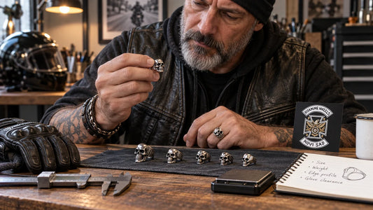 Roaming Wheels editorial scene illustrating daily-wear skull rings, sizing, weight, edge comfort, glove clearance, material care and activity-specific removal: featured.