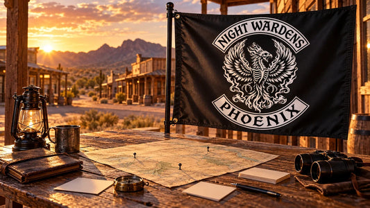 Night Wardens Phoenix rectangular motorcycle club flag beside a private Tombstone wayfinding plan.