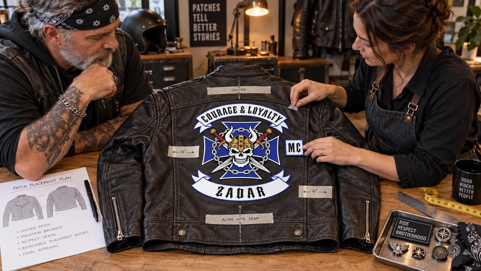 Courage Loyalty editorial scene illustrating personalizing a biker jacket with authorized patches and pins, placement planning, garment construction, balance and removable mockups: featured.