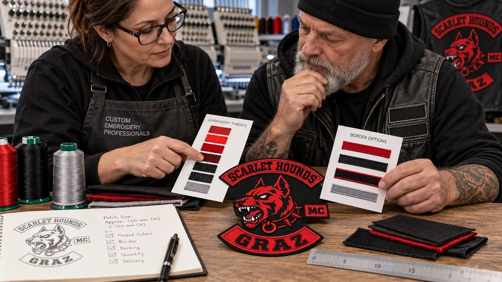 Scarlet Hounds editorial scene illustrating custom embroidered motorcycle patch design, stitch-friendly artwork, borders, backing, sizing, sampling and written authorization: featured.