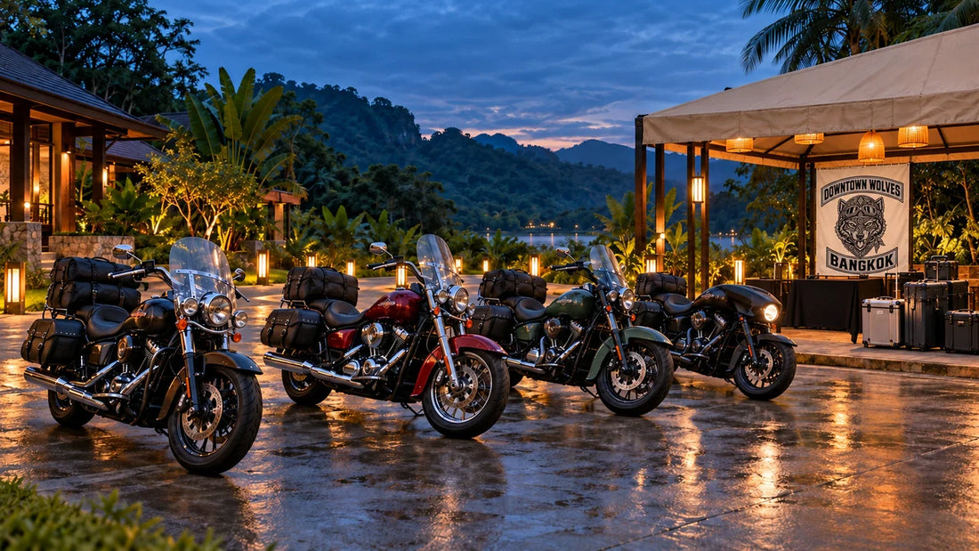 Downtown Wolves motorcycle club rally arrival area with logo banner, V-twin cruisers and a check-in canopy in tropical Thailand.