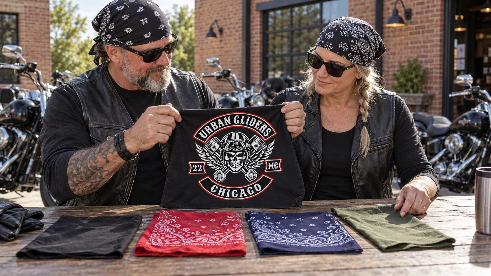 Two mature riders compare plain bandanas with an authorized Urban Gliders club bandana at a clubhouse table.