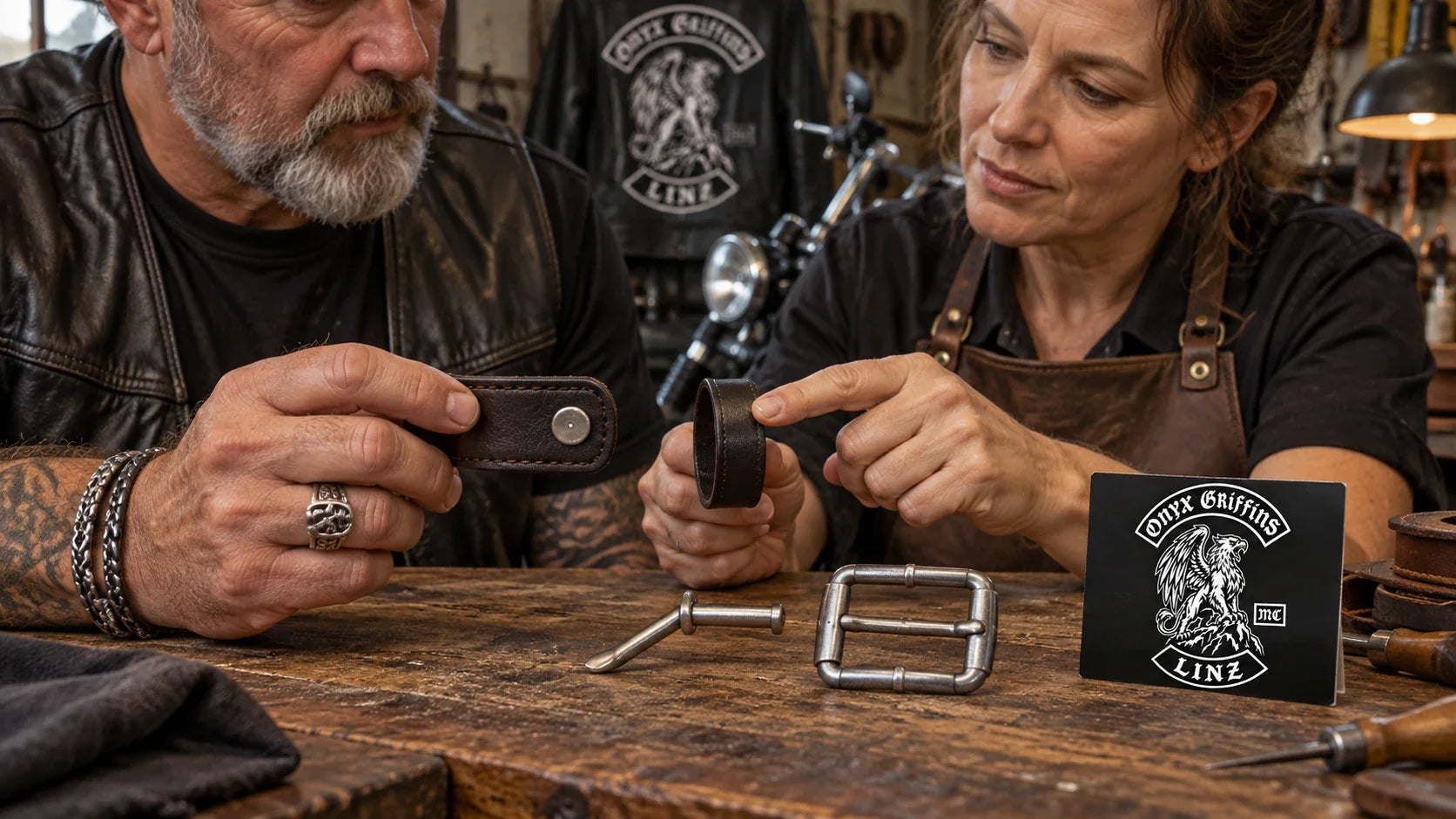Onyx Griffins editorial scene illustrating biker belt buckle attachment systems, snap belts, prongs, loops, stud spacing, hardware compatibility and fit checks: featured.