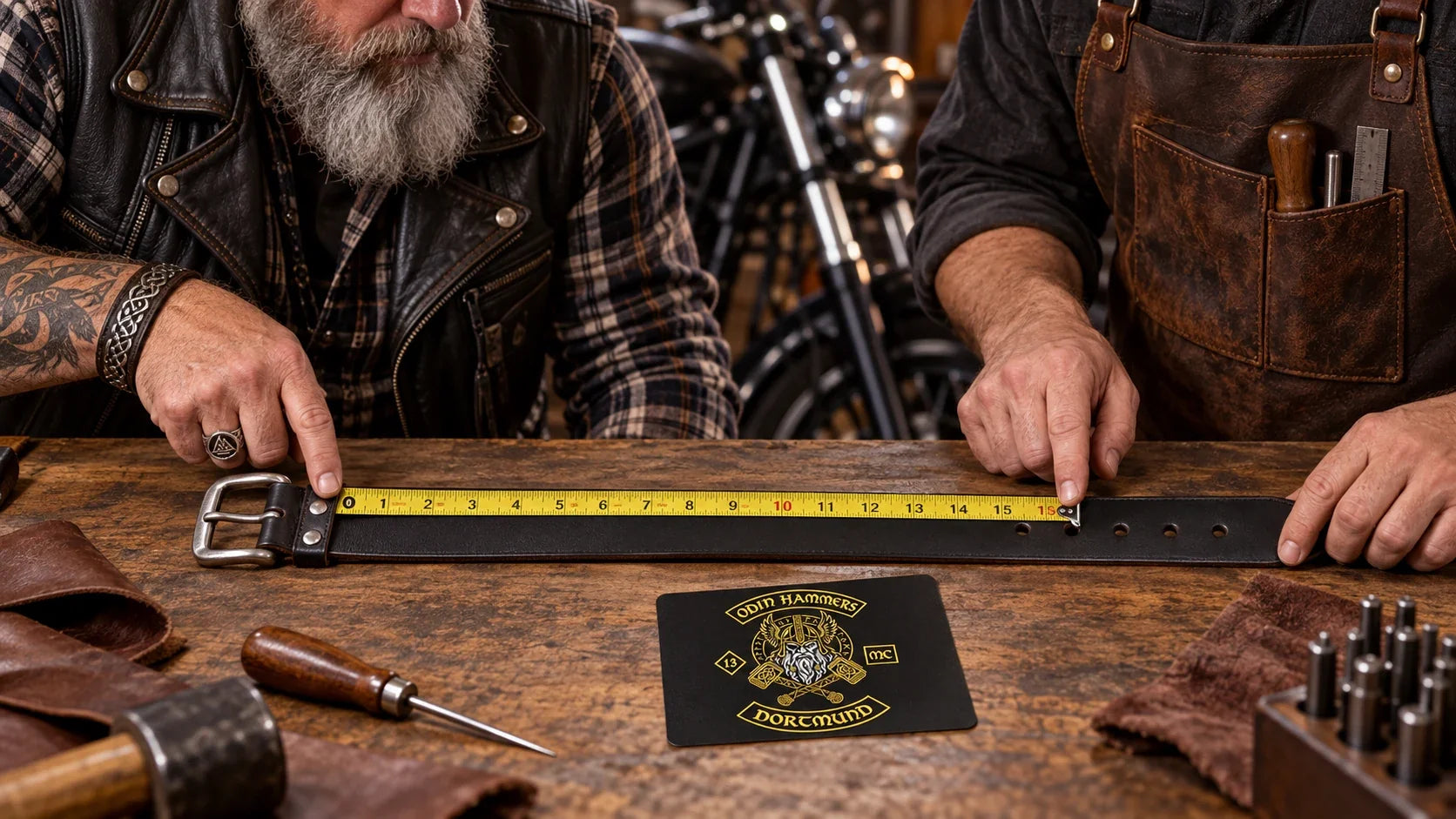 Odin Hammers editorial scene illustrating measuring a biker belt from a belt that fits, waist measurement, buckle allowance, hole range, clothing layers and supplier size charts: featured.