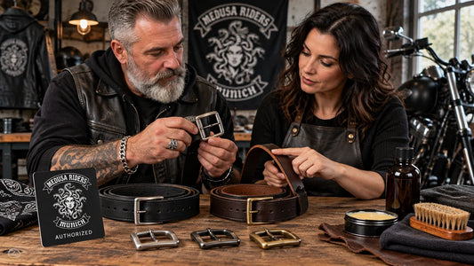 Medusa Riders editorial scene illustrating biker belt buying questions covering measurement, leather description, buckle compatibility, hardware, edge finishing, break-in and care: featured.