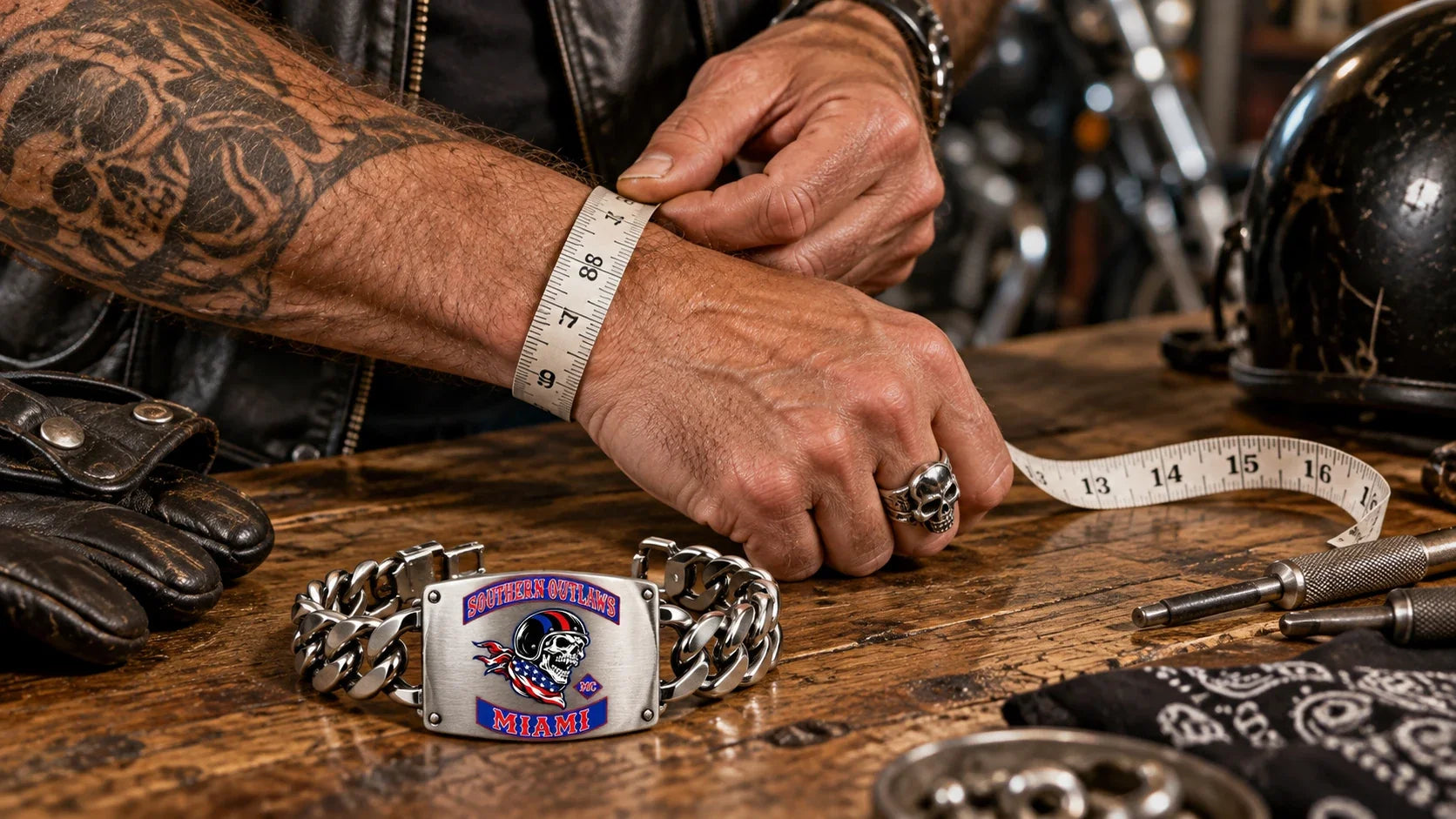 Southern Outlaws editorial scene illustrating biker bracelet wrist measurement, fit allowance, clasp clearance and riding comfort: featured.
