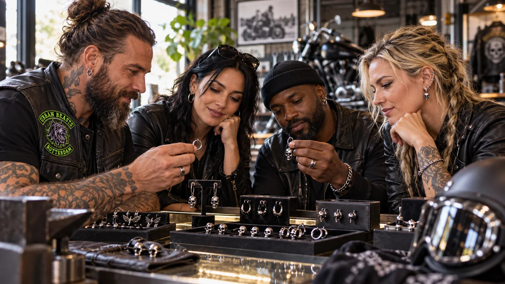 Urban Beasts editorial scene illustrating buying biker earrings by wearing system, dimensions, weight, movement, materials, closure, helmet clearance and care: featured.