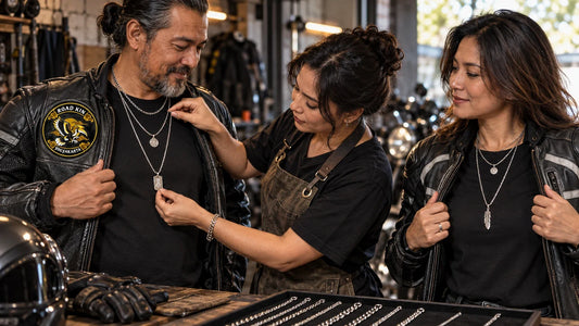 Road Kin editorial scene illustrating biker necklace chain length, neckline position, pendant size, layering, helmet straps, jacket collars and measurement checks: featured.